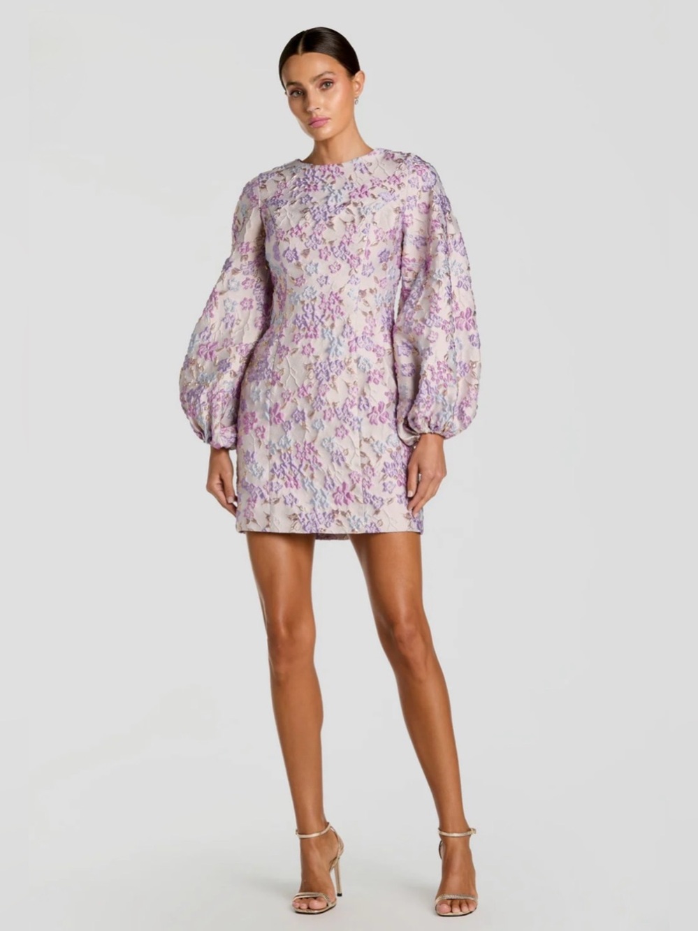 IEENA FOR MAC DUGGAL purple floral brocade balloon sleeve mini dress, women’s 6